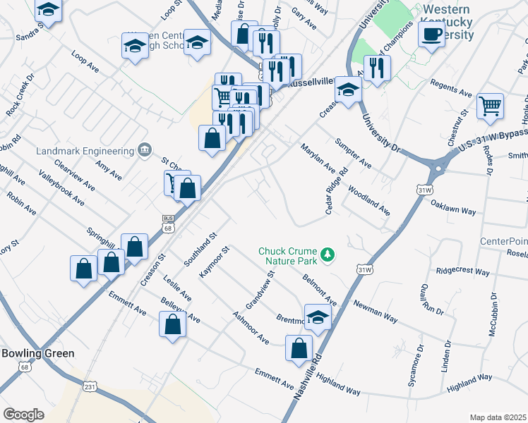 map of restaurants, bars, coffee shops, grocery stores, and more near 403 Topmiller Avenue in Bowling Green