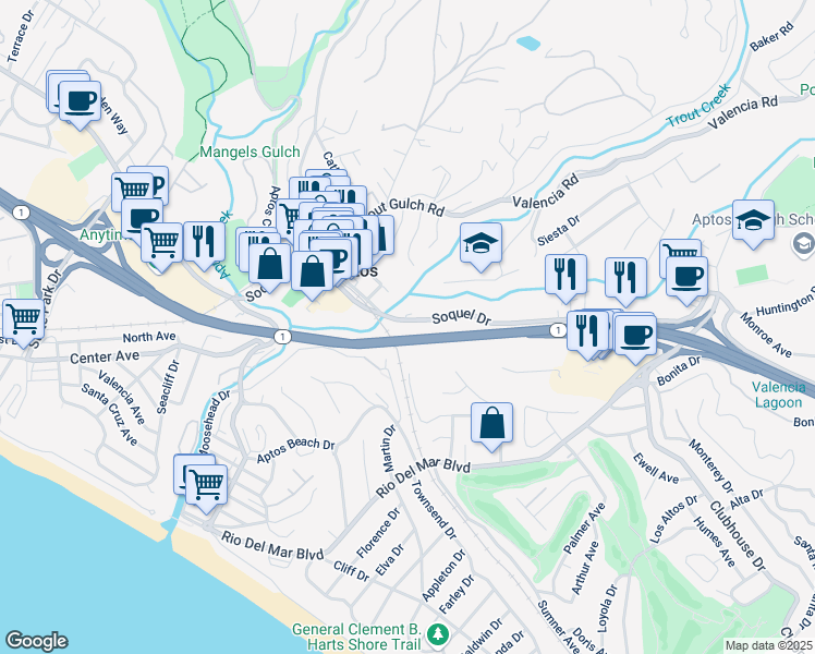 map of restaurants, bars, coffee shops, grocery stores, and more near 9010 Soquel Drive in Aptos