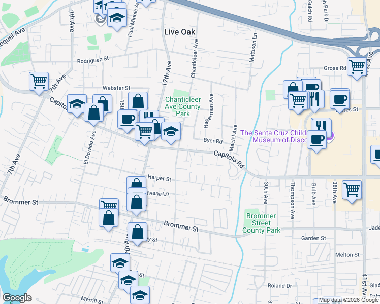 map of restaurants, bars, coffee shops, grocery stores, and more near 2264 Capitola Road in Santa Cruz
