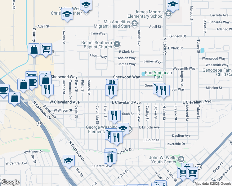 map of restaurants, bars, coffee shops, grocery stores, and more near 1109 North D Street in Madera