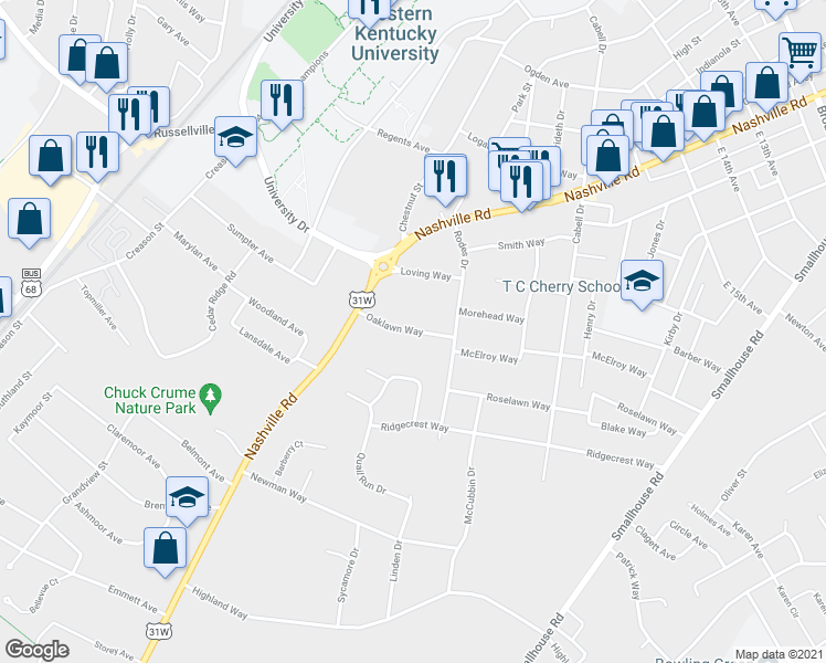 map of restaurants, bars, coffee shops, grocery stores, and more near 621 Oaklawn Way in Bowling Green