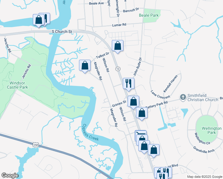 map of restaurants, bars, coffee shops, grocery stores, and more near 1000 Wilson Road in Smithfield