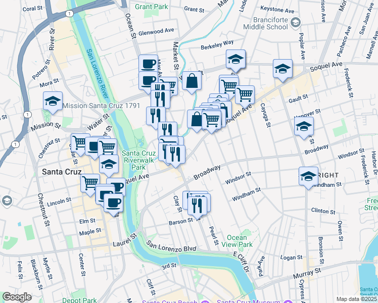 map of restaurants, bars, coffee shops, grocery stores, and more near 500 Soquel Avenue in Santa Cruz