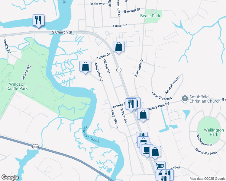 map of restaurants, bars, coffee shops, grocery stores, and more near 1000 Wilson Road in Smithfield