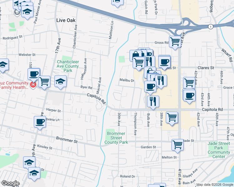 map of restaurants, bars, coffee shops, grocery stores, and more near 2923 Leotar Circle in Santa Cruz
