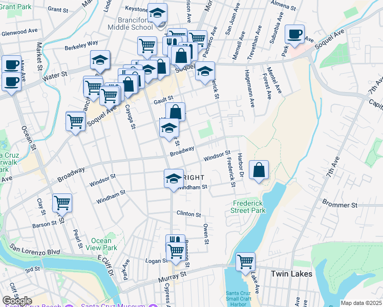 map of restaurants, bars, coffee shops, grocery stores, and more near 708 Sumner Street in Santa Cruz