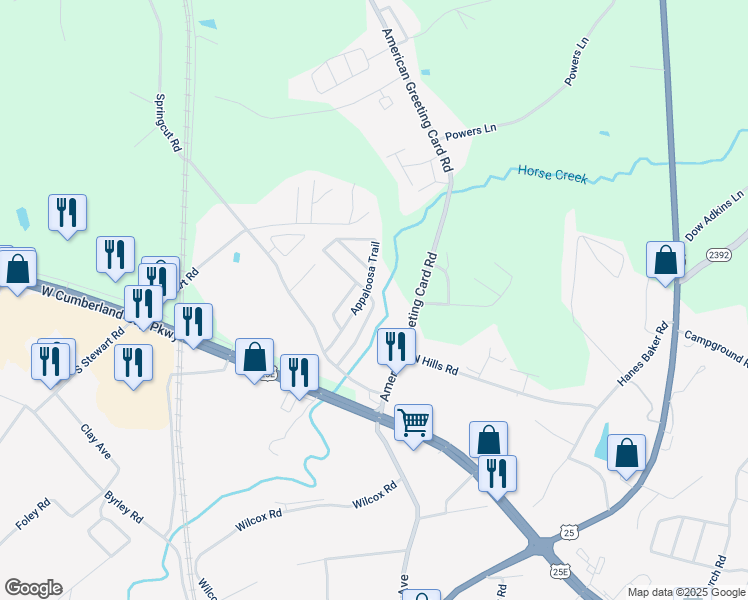 map of restaurants, bars, coffee shops, grocery stores, and more near 220 Palomino Trail in Corbin