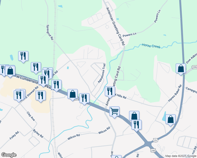 map of restaurants, bars, coffee shops, grocery stores, and more near 220 Palomino Trail in Corbin