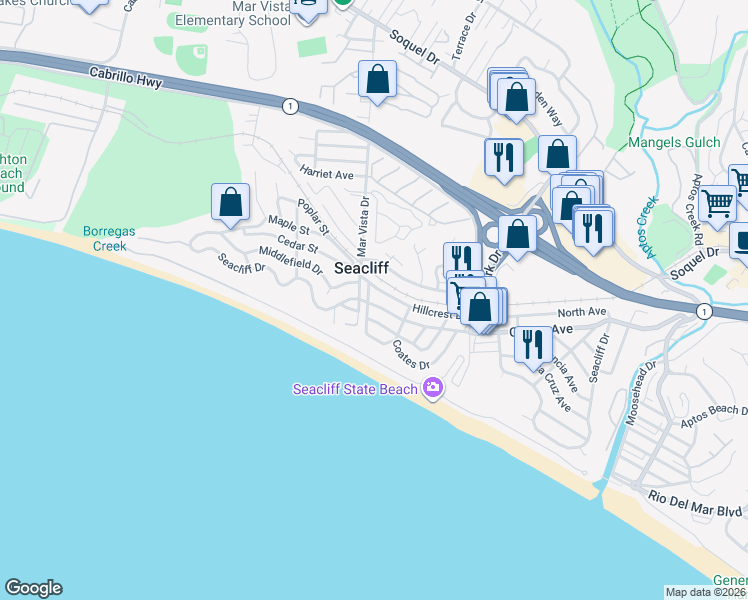 map of restaurants, bars, coffee shops, grocery stores, and more near 422 Seacliff Drive in Aptos