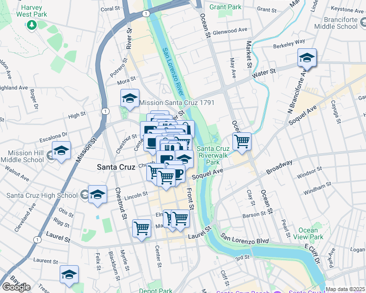 map of restaurants, bars, coffee shops, grocery stores, and more near 720 Front Street in Santa Cruz
