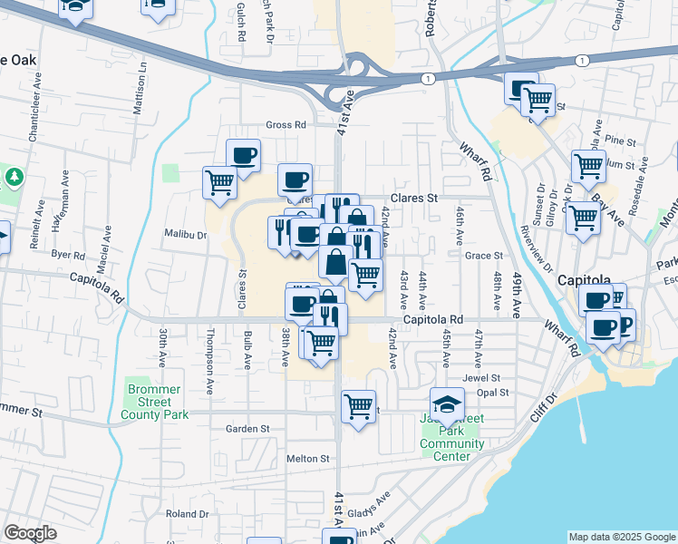 map of restaurants, bars, coffee shops, grocery stores, and more near 1703 41st Avenue in Capitola