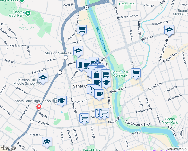 map of restaurants, bars, coffee shops, grocery stores, and more near 1407 Pacific Avenue in Santa Cruz