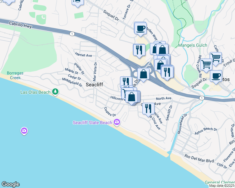 map of restaurants, bars, coffee shops, grocery stores, and more near 261 Sea Ridge Road in Aptos