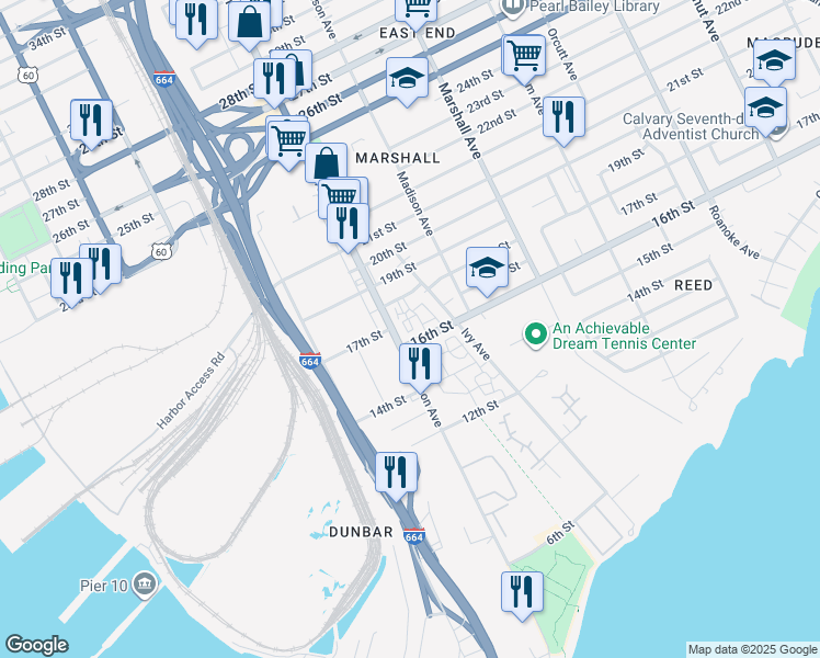 map of restaurants, bars, coffee shops, grocery stores, and more near 1611 Jefferson Avenue in Newport News