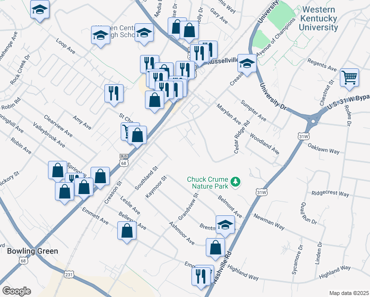 map of restaurants, bars, coffee shops, grocery stores, and more near 419 Topmiller Avenue in Bowling Green