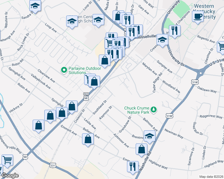 map of restaurants, bars, coffee shops, grocery stores, and more near 342 Gatewood Avenue in Bowling Green