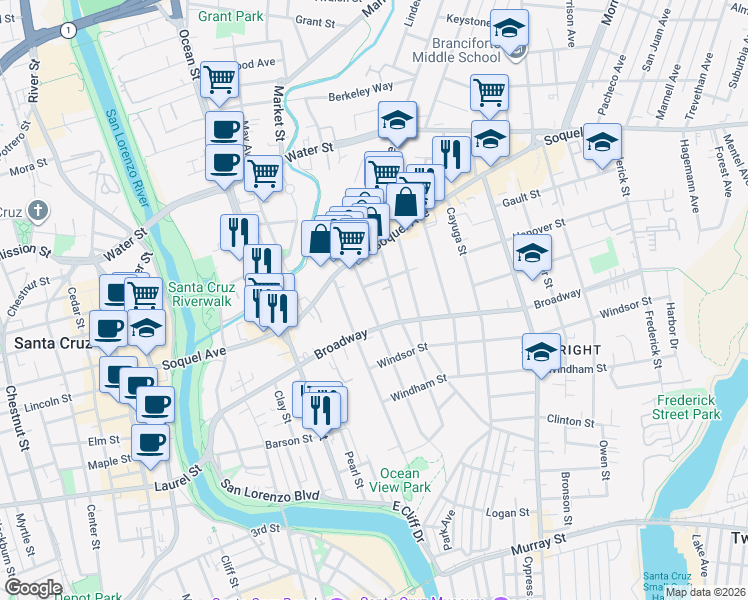 map of restaurants, bars, coffee shops, grocery stores, and more near 526 South Branciforte Avenue in Santa Cruz
