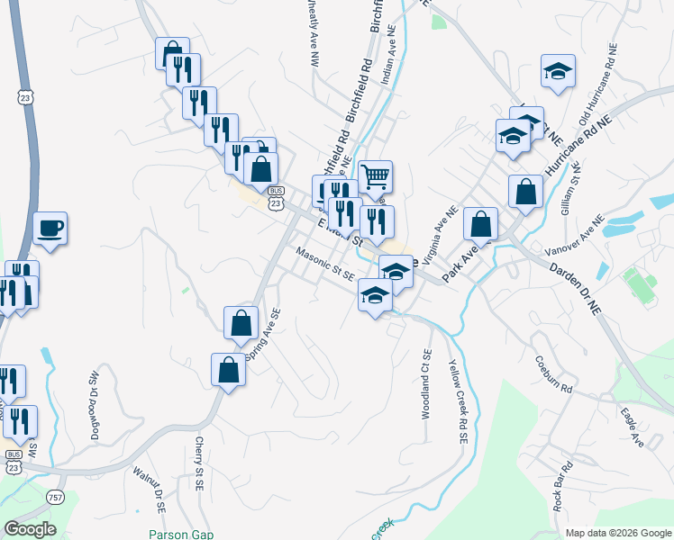 map of restaurants, bars, coffee shops, grocery stores, and more near 312 Masonic Street Southeast in Wise