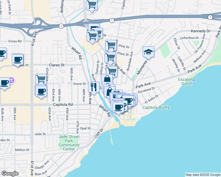 map of restaurants, bars, coffee shops, grocery stores, and more near 506 Capitola Avenue in Capitola