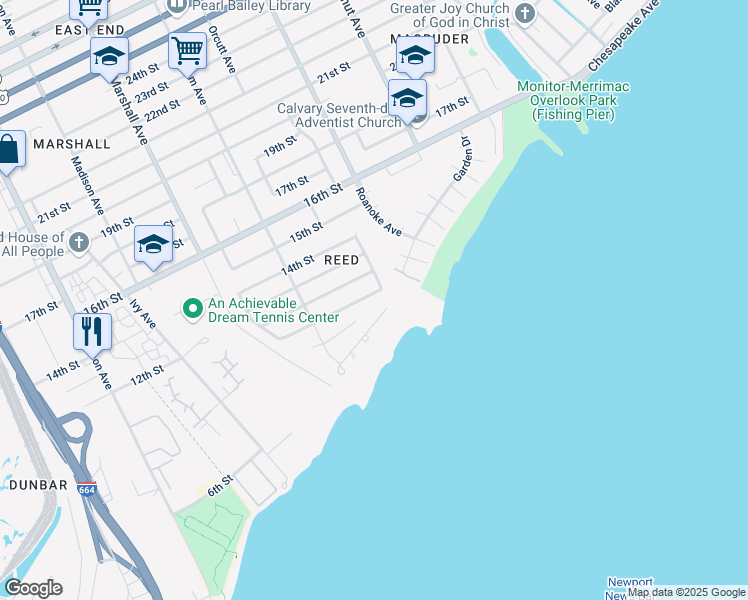 map of restaurants, bars, coffee shops, grocery stores, and more near 938 Shore Drive in Newport News