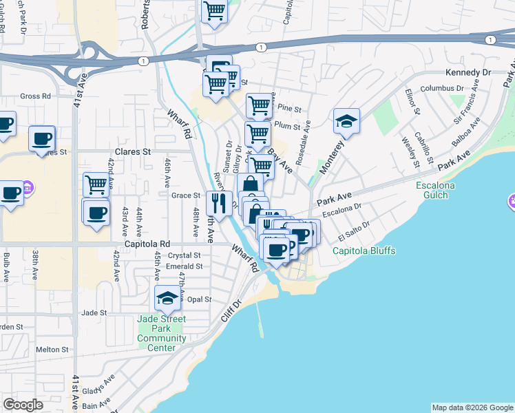 map of restaurants, bars, coffee shops, grocery stores, and more near 506 Capitola Avenue in Capitola