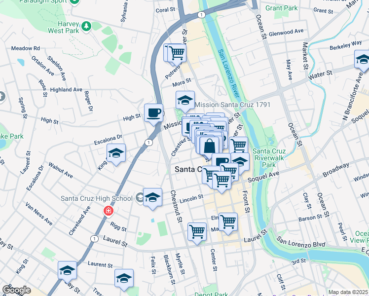 map of restaurants, bars, coffee shops, grocery stores, and more near 232 Union Street in Santa Cruz
