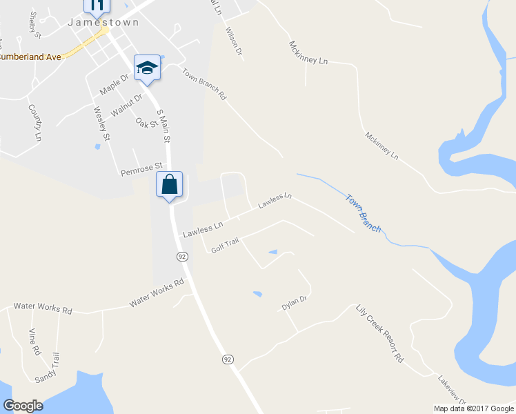 map of restaurants, bars, coffee shops, grocery stores, and more near Lawless Lane in Jamestown