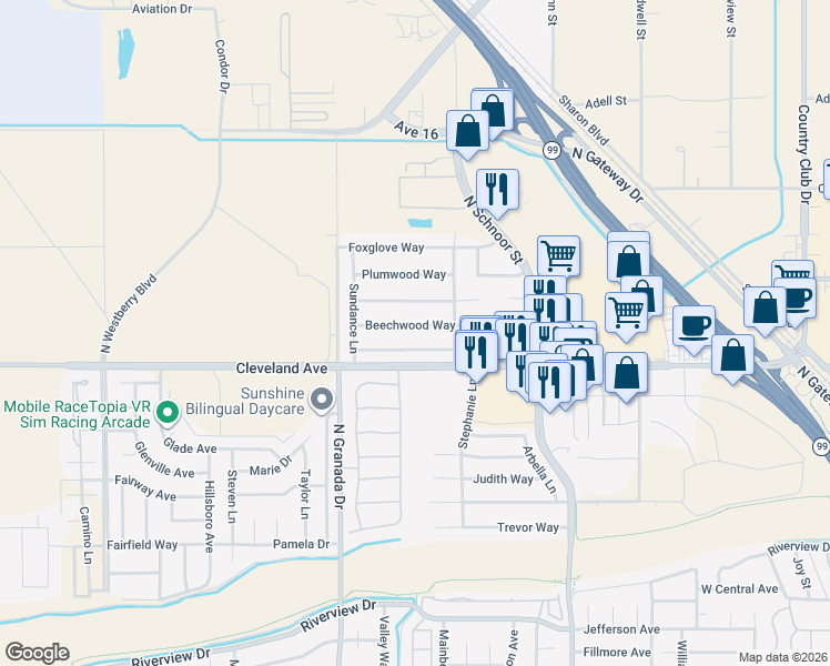 map of restaurants, bars, coffee shops, grocery stores, and more near 2488 Beechwood Way in Madera