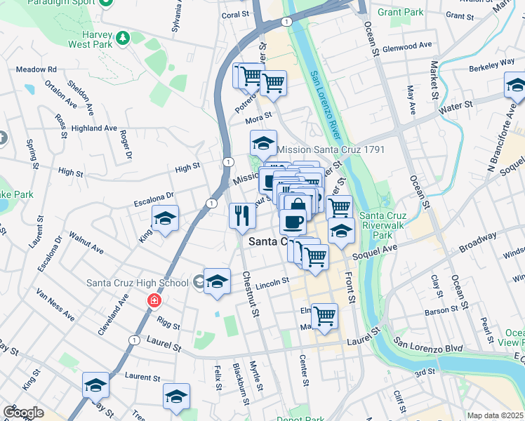map of restaurants, bars, coffee shops, grocery stores, and more near 232 Union Street in Santa Cruz