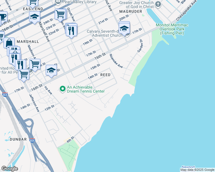 map of restaurants, bars, coffee shops, grocery stores, and more near 935 11th Street in Newport News