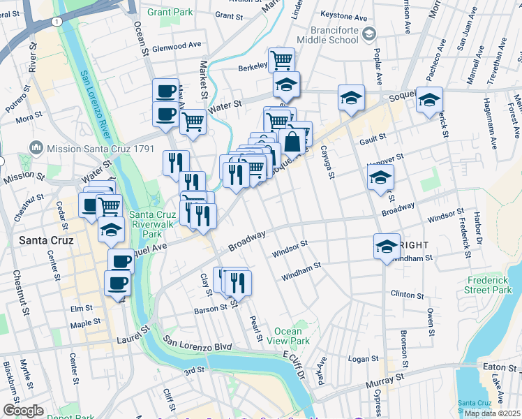 map of restaurants, bars, coffee shops, grocery stores, and more near 516 Ocean View Avenue in Santa Cruz