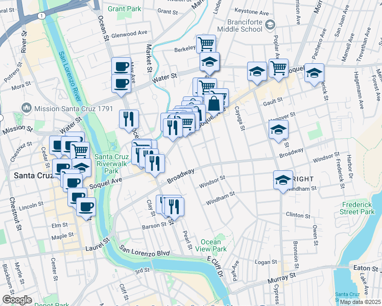 map of restaurants, bars, coffee shops, grocery stores, and more near 535 South Branciforte Avenue in Santa Cruz