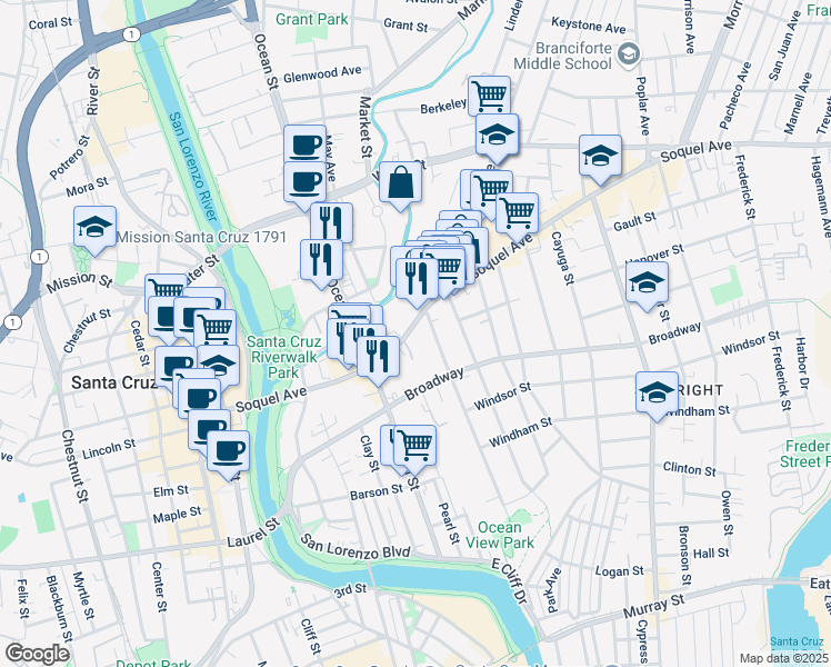 map of restaurants, bars, coffee shops, grocery stores, and more near 500 Soquel Avenue in Santa Cruz
