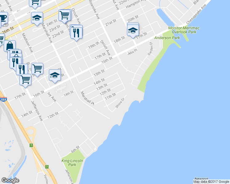 map of restaurants, bars, coffee shops, grocery stores, and more near 935 11th Street in Newport News