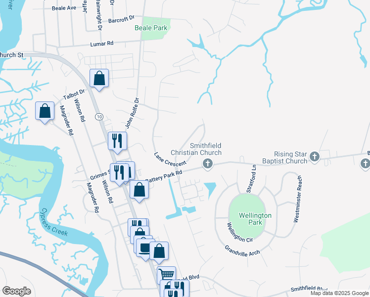map of restaurants, bars, coffee shops, grocery stores, and more near 417 Kendall Haven in Smithfield