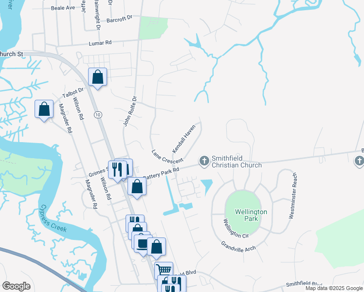 map of restaurants, bars, coffee shops, grocery stores, and more near 417 Kendall Haven in Smithfield