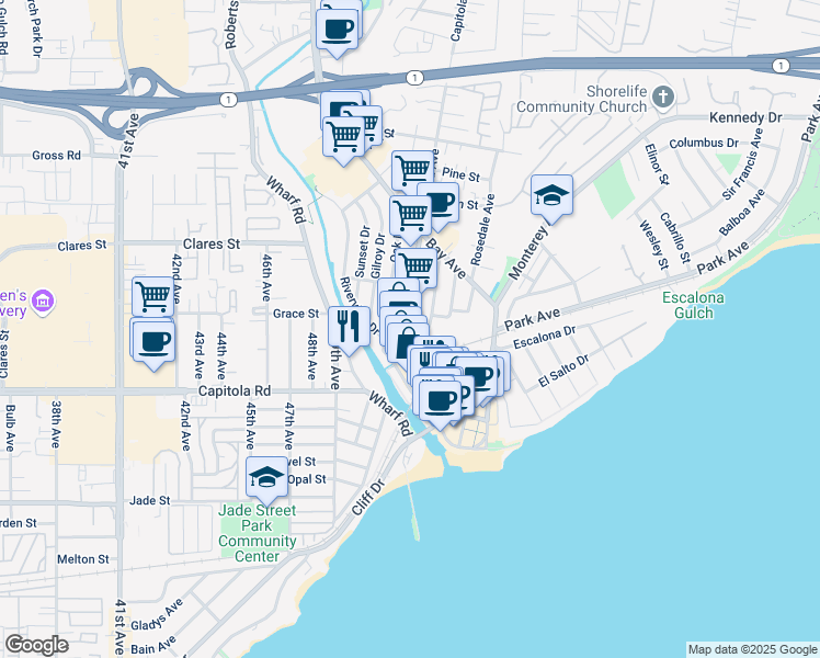 map of restaurants, bars, coffee shops, grocery stores, and more near 506 Capitola Avenue in Capitola