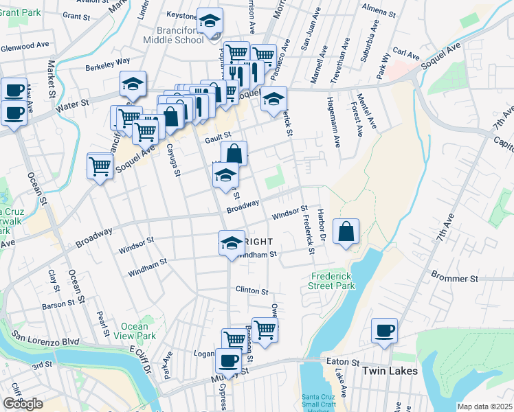 map of restaurants, bars, coffee shops, grocery stores, and more near 708 Sumner Street in Santa Cruz