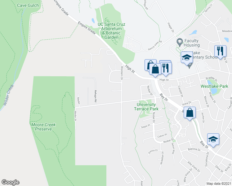 map of restaurants, bars, coffee shops, grocery stores, and more near 105 Lisa Court in Santa Cruz