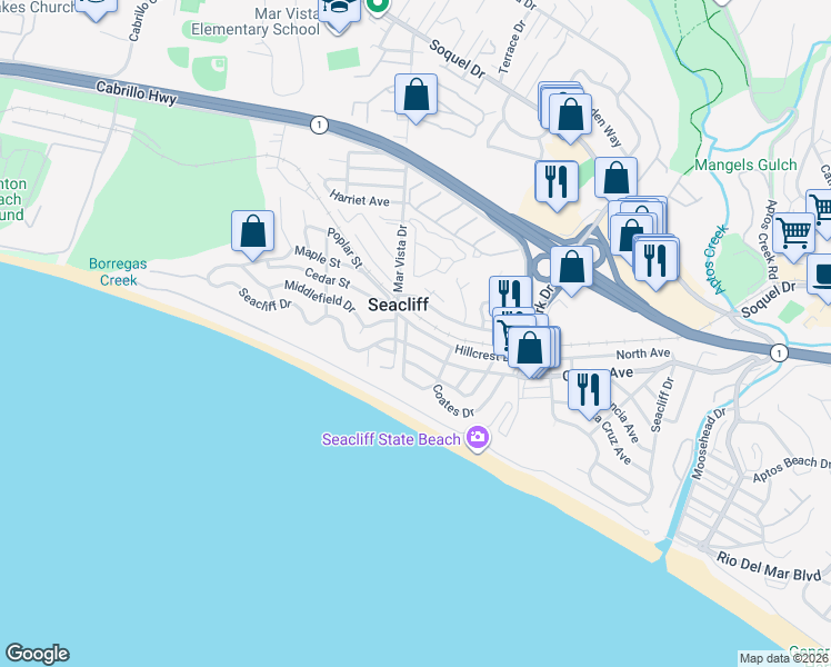 map of restaurants, bars, coffee shops, grocery stores, and more near 423 Hillcrest Drive in Aptos
