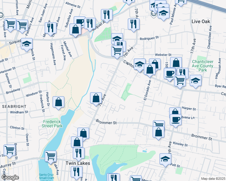 map of restaurants, bars, coffee shops, grocery stores, and more near 755 Eddy Lane in Santa Cruz