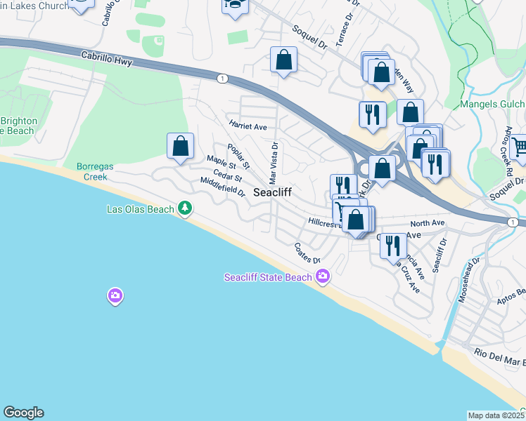map of restaurants, bars, coffee shops, grocery stores, and more near 506 Seacliff Drive in Aptos
