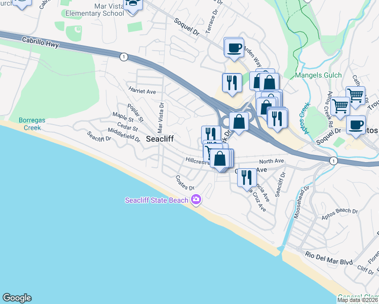map of restaurants, bars, coffee shops, grocery stores, and more near 291 Sea Ridge Road in Aptos