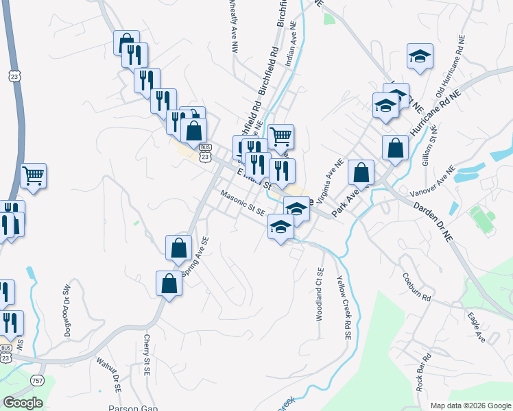 map of restaurants, bars, coffee shops, grocery stores, and more near 312-398 Masonic Street Southeast in Wise