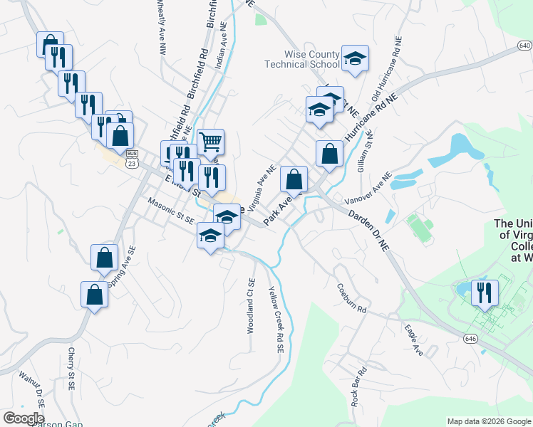map of restaurants, bars, coffee shops, grocery stores, and more near 701-707 East Main Street in Wise