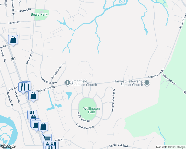 map of restaurants, bars, coffee shops, grocery stores, and more near 18501 Battery Park Road in Smithfield