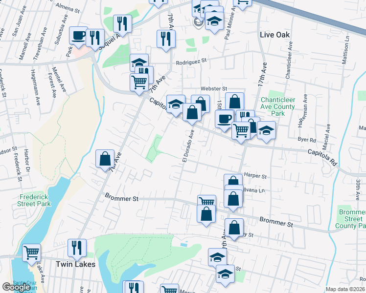 map of restaurants, bars, coffee shops, grocery stores, and more near in Santa Cruz