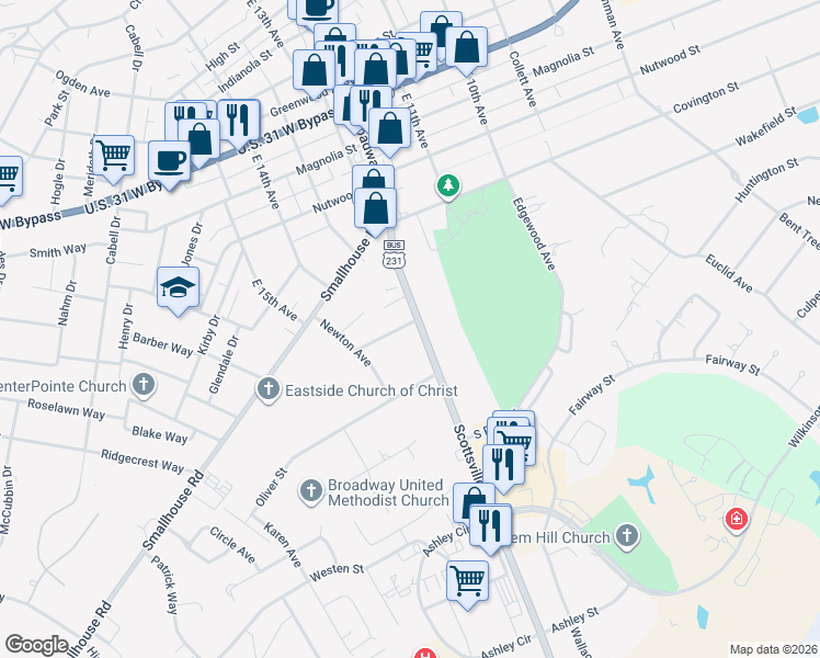 map of restaurants, bars, coffee shops, grocery stores, and more near 1401 Scottsville Road in Bowling Green