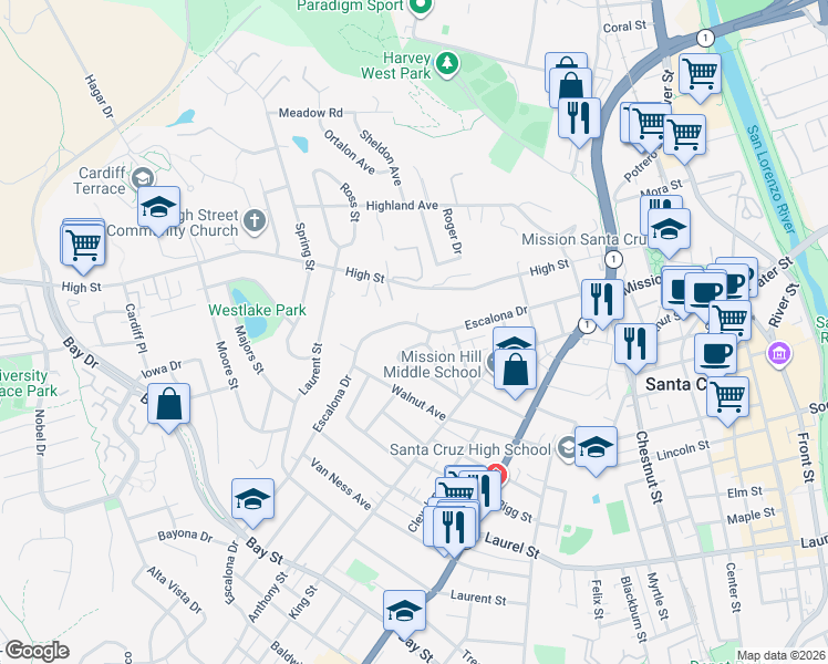 map of restaurants, bars, coffee shops, grocery stores, and more near 519 Escalona Drive in Santa Cruz