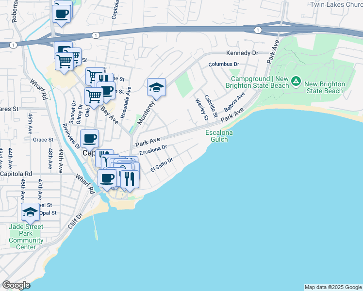 map of restaurants, bars, coffee shops, grocery stores, and more near 702 Escalona Drive in Capitola